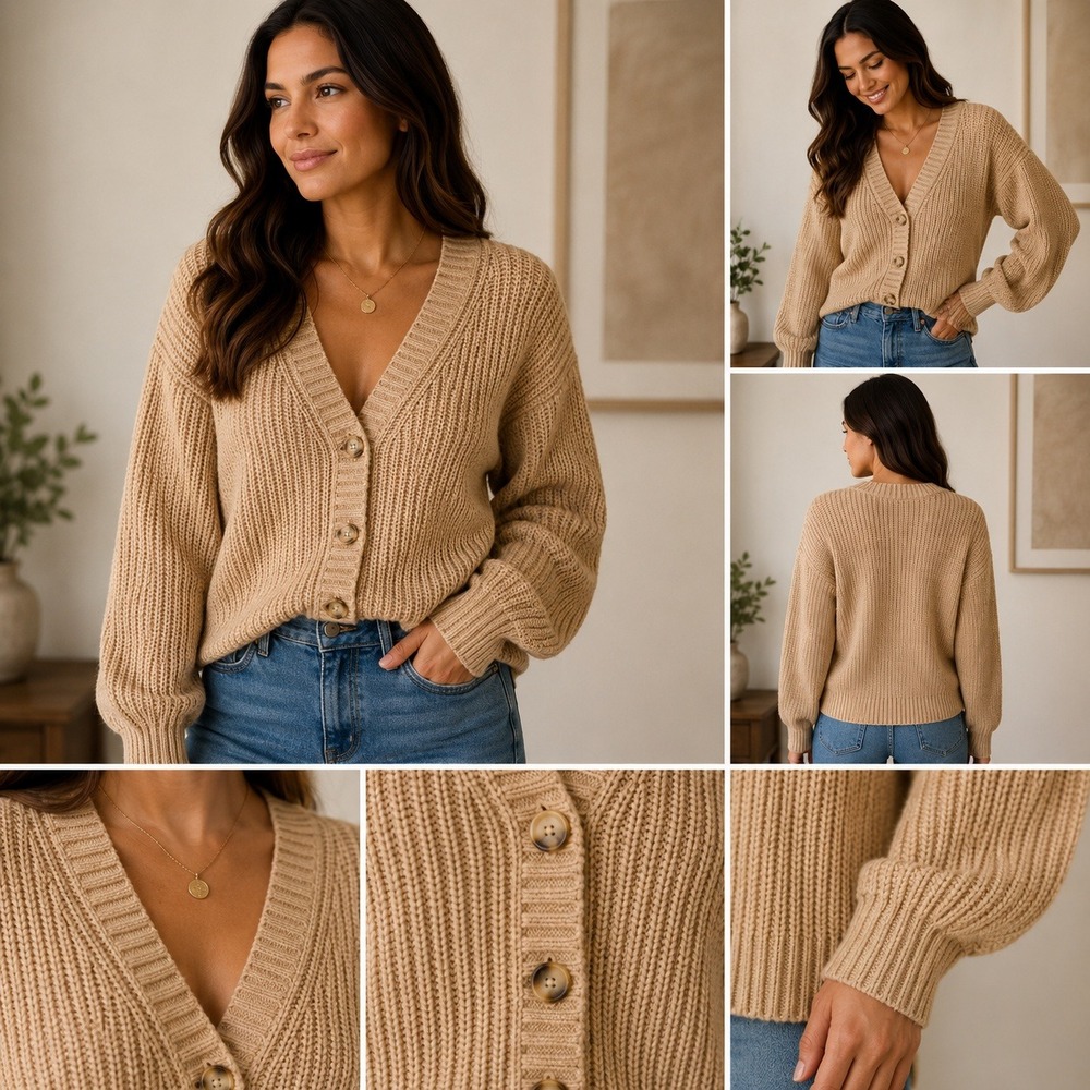 Madison Grey Womens Camel Tan Chunky Rib Knit Button Front Cardigan Sweater M